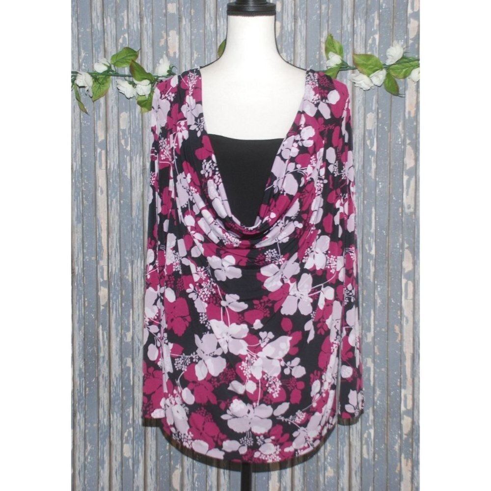 Covington Women's Floral Blouse Top Plus SZ 1X Scoop Neckline Faux Cami Stretch